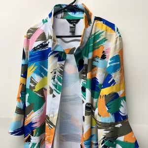 Ali Miles Plus Size Woven Brush Strokes Print Wire Collar 3/4 Bell Cuff Sleeve